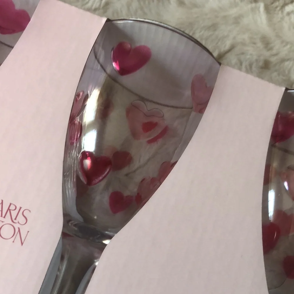 Paris Hilton Clear Acrylic Wine Glasses with Pink Heart Accents - Set of 4